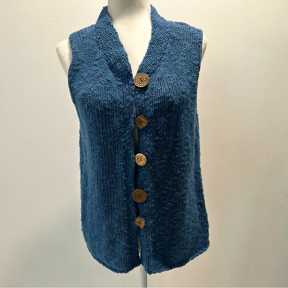 Willow Jackets & Blazers - Willow Yarn Knit Sleeveless Wood Button Down Sea Blue Cardigan Womens Size XL